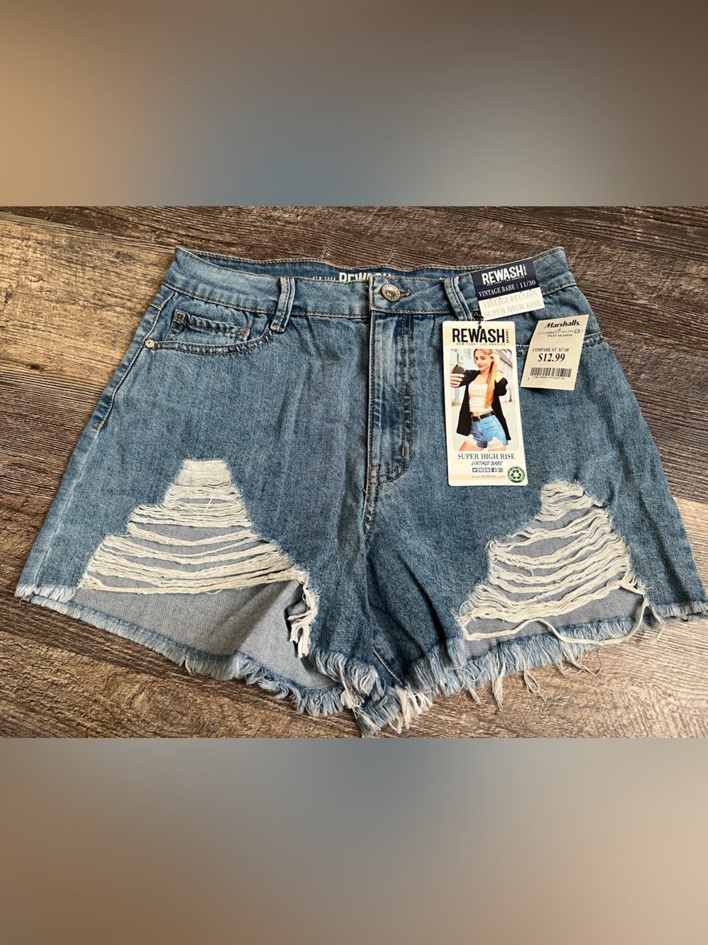 Rewash Light Blue Distressed High-Rise Denim Shorts